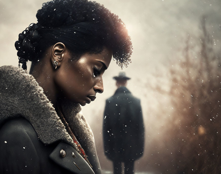 Profile view of woman with afro hair in fur coat, snowy misty setting.