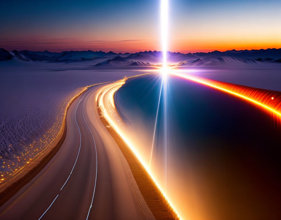 Nighttime long exposure of desert road with vehicle light streaks