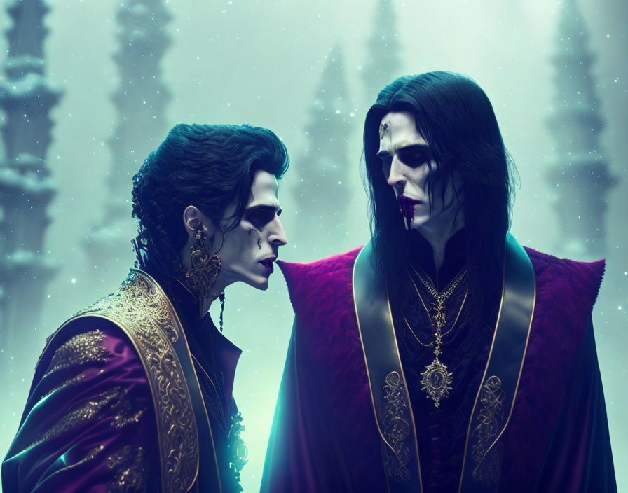 Stylized vampiric figures in elegant attire against misty forest backdrop