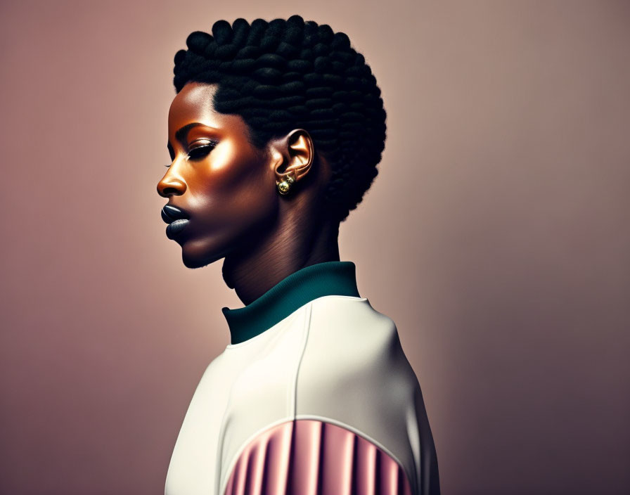 Portrait of woman with intricate braided hairstyle and elegant makeup in high-collared outfit with pink accents