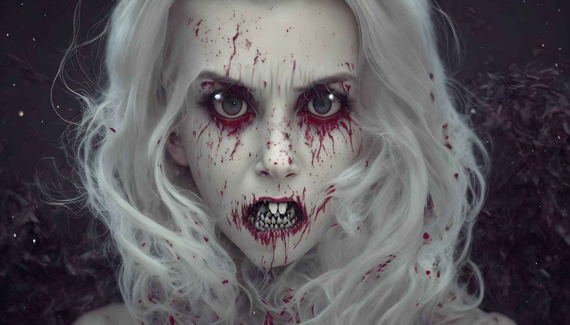 Pale woman with white hair and dramatic makeup in vampiric aesthetic