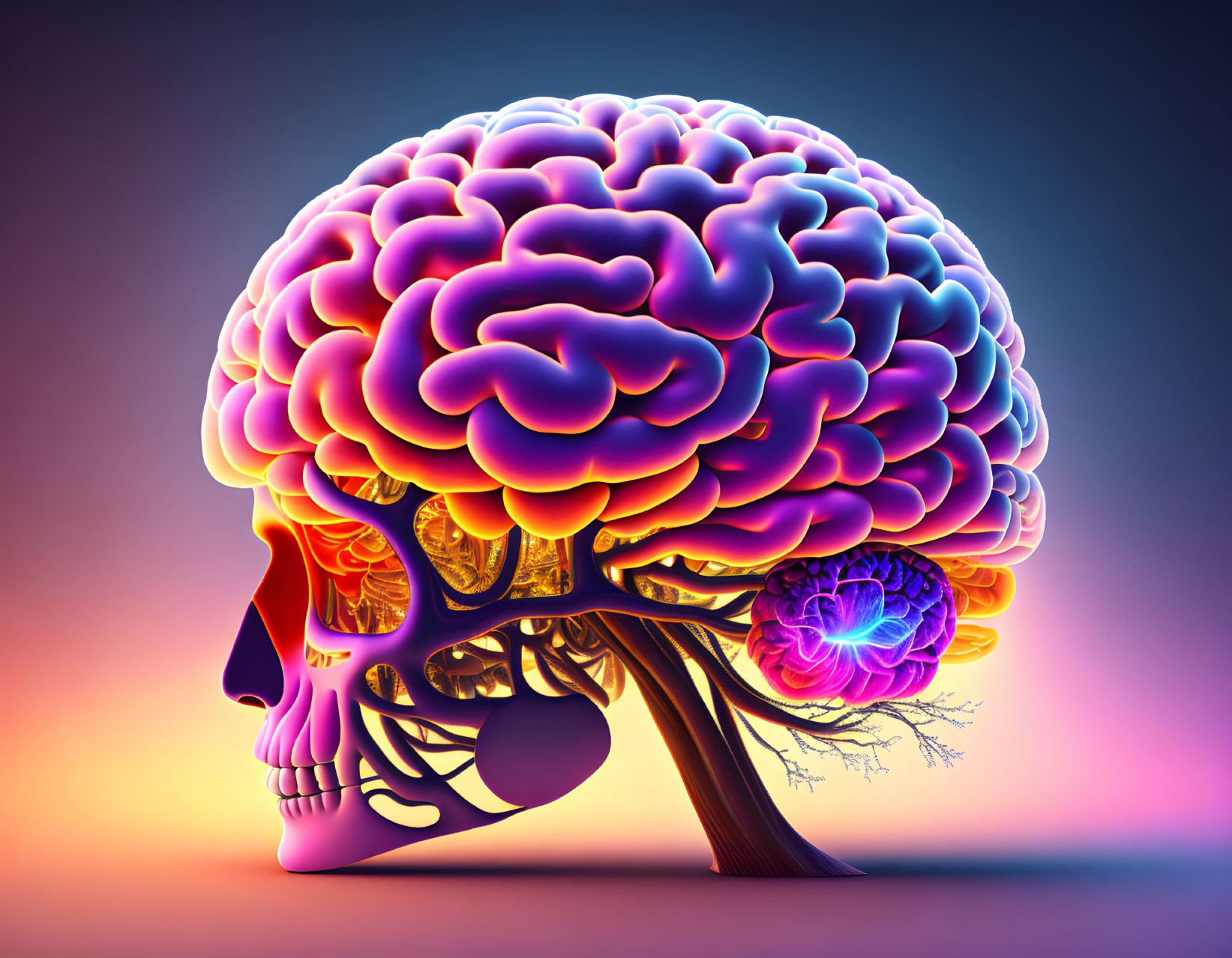 Colorful Human Skull Illustration with Exposed Brain and Cortical Folds