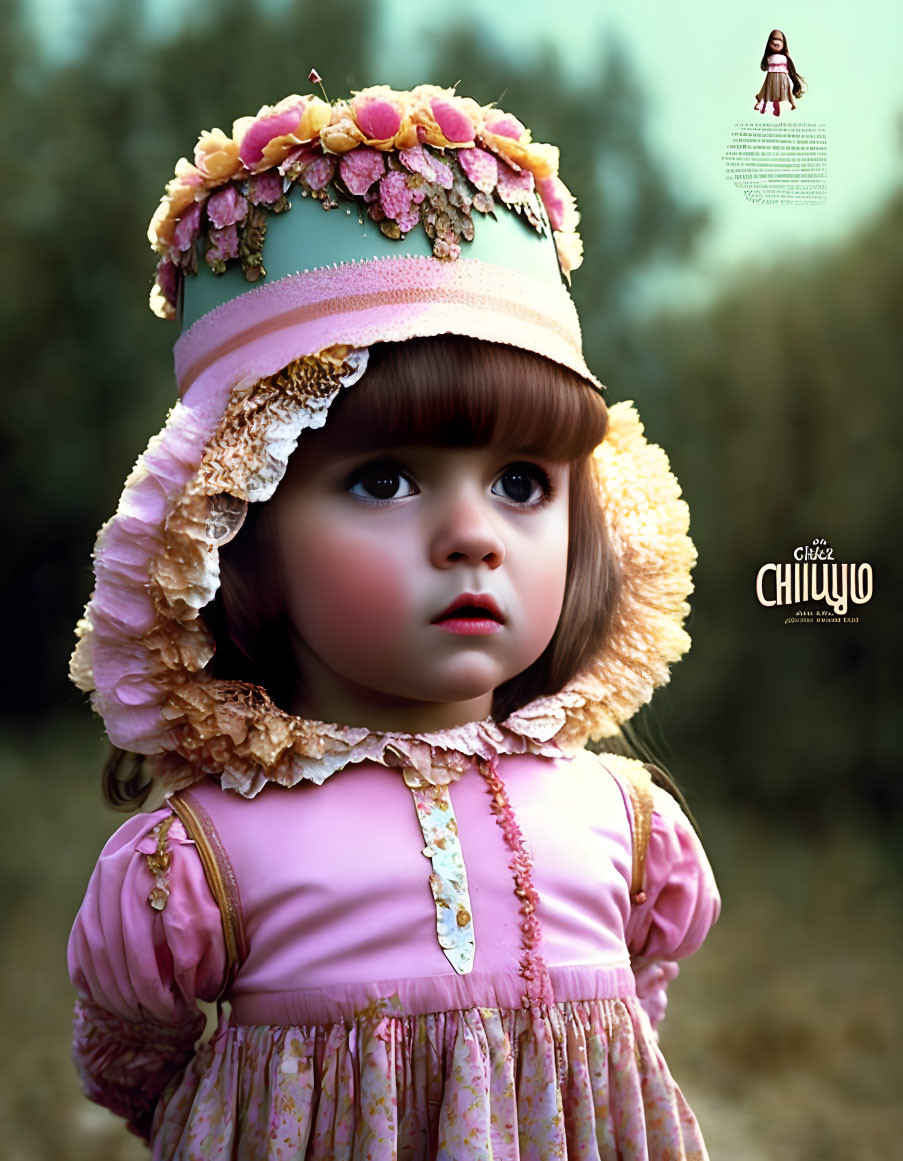 Young girl in vintage pink dress and hat in somber forest