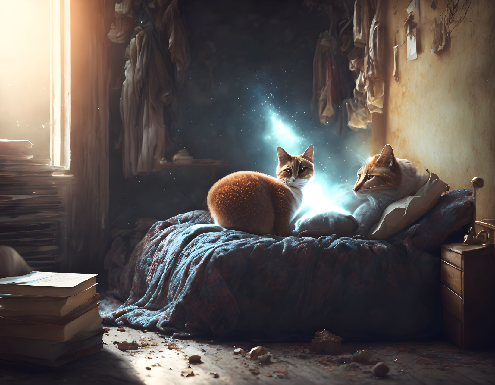 Foxes resting on tattered cushion in dusty room with mystical blue light.