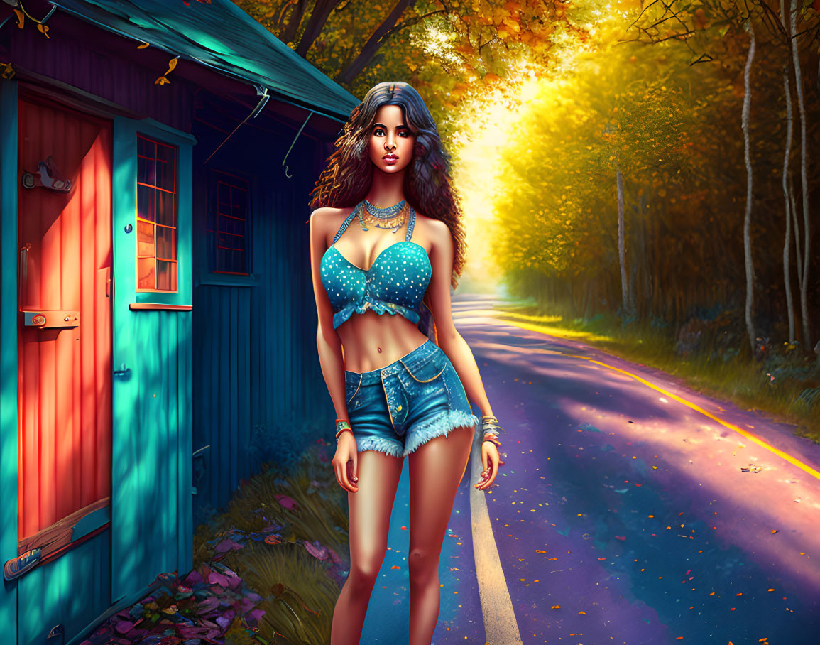 Digital illustration of woman in blue crop top and denim shorts near colorful cabin on forest road at sunset