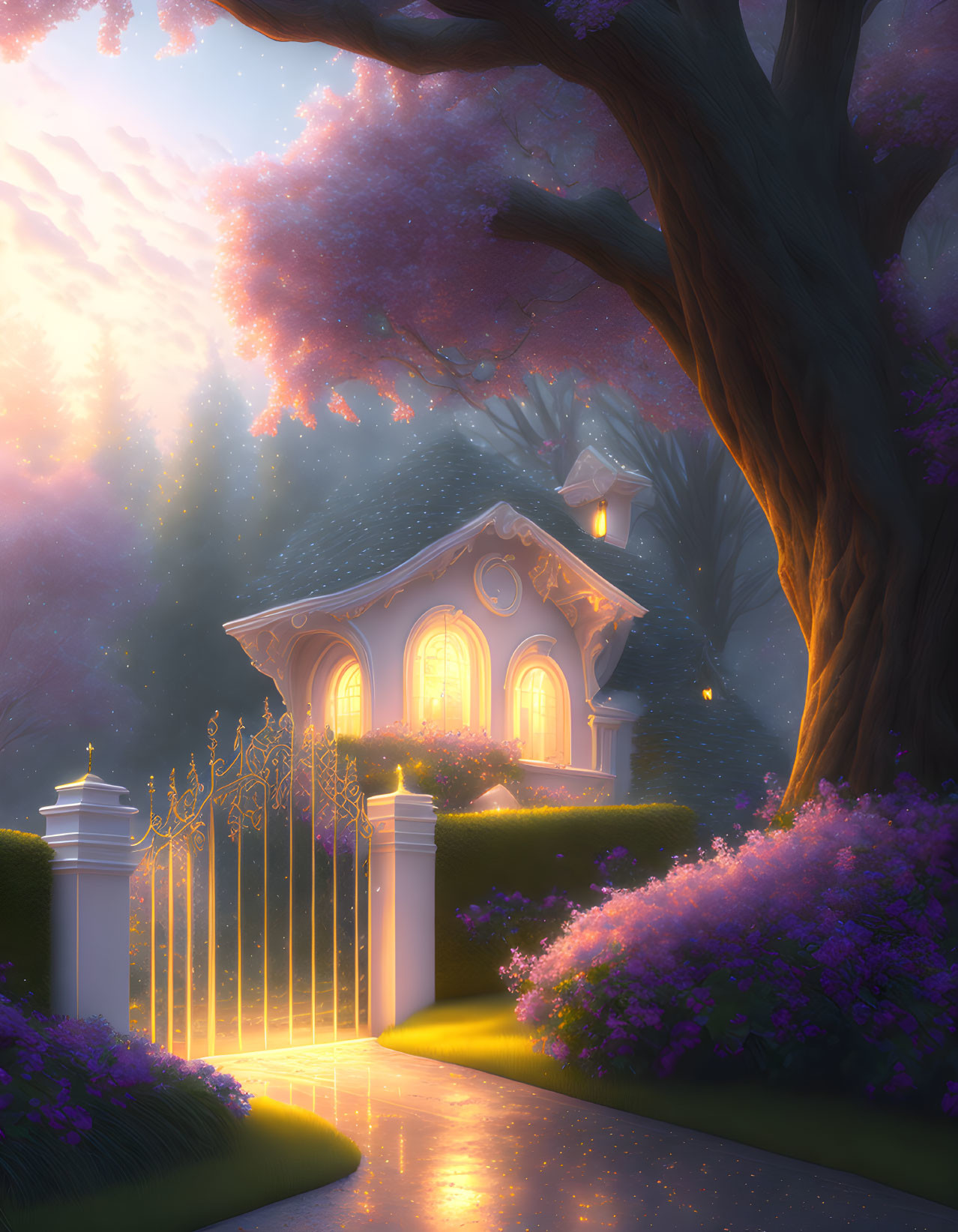 Illustration of cozy house among pink-flowered trees & bushes