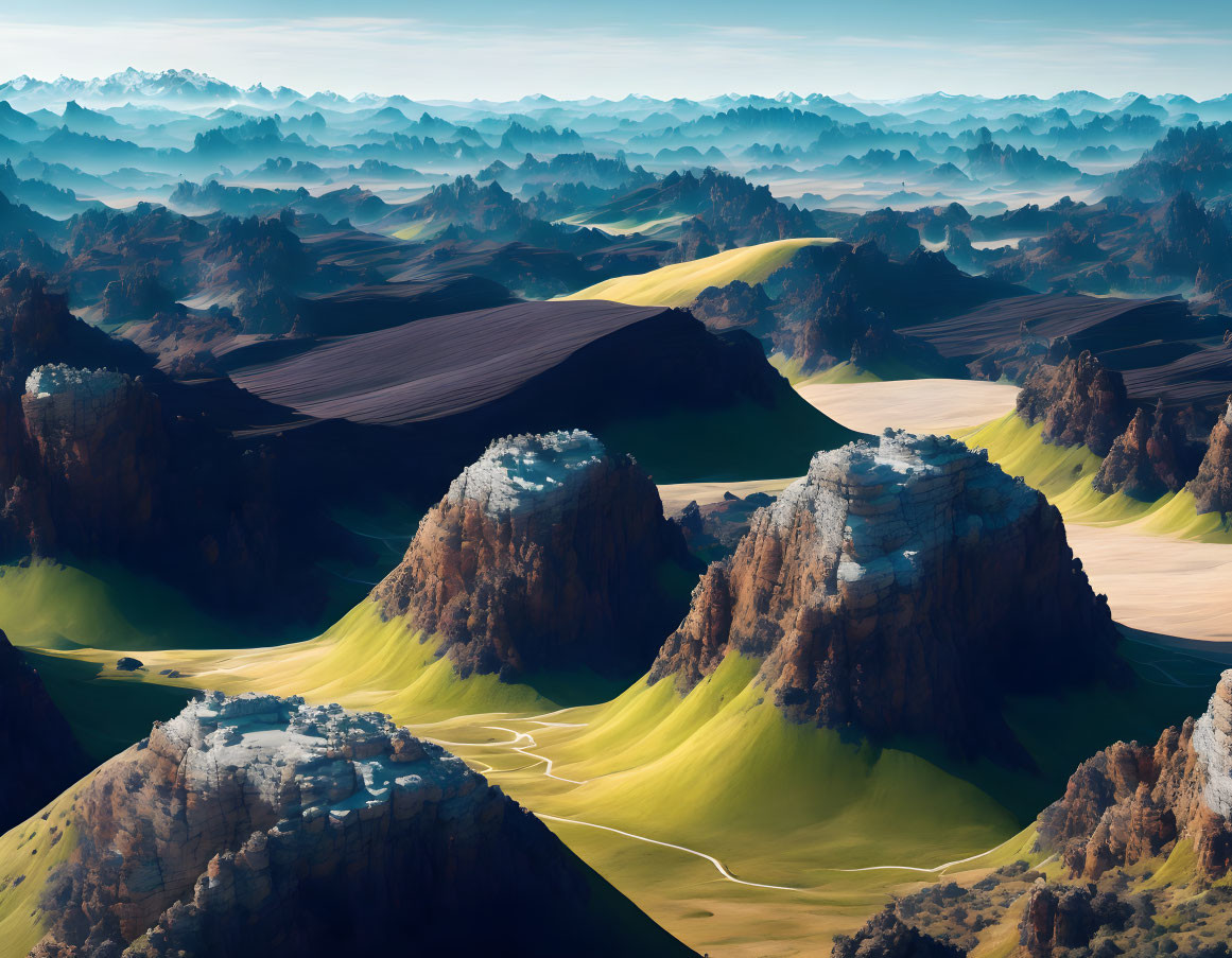 Layered Mountain Ridges and Sandy Valleys in Vast Landscape