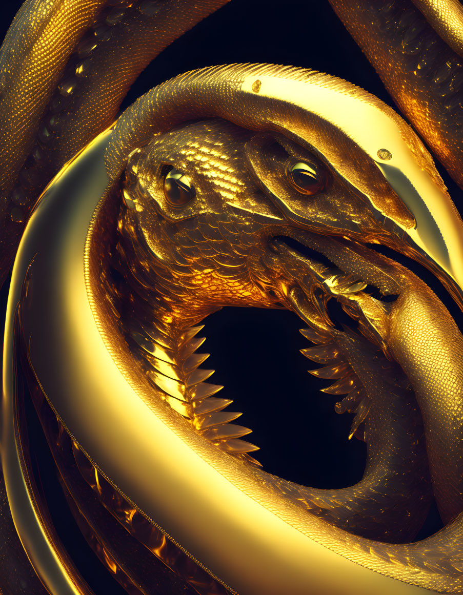 Golden snake-like creature with intricate scales and menacing snarl coiled around luminous form