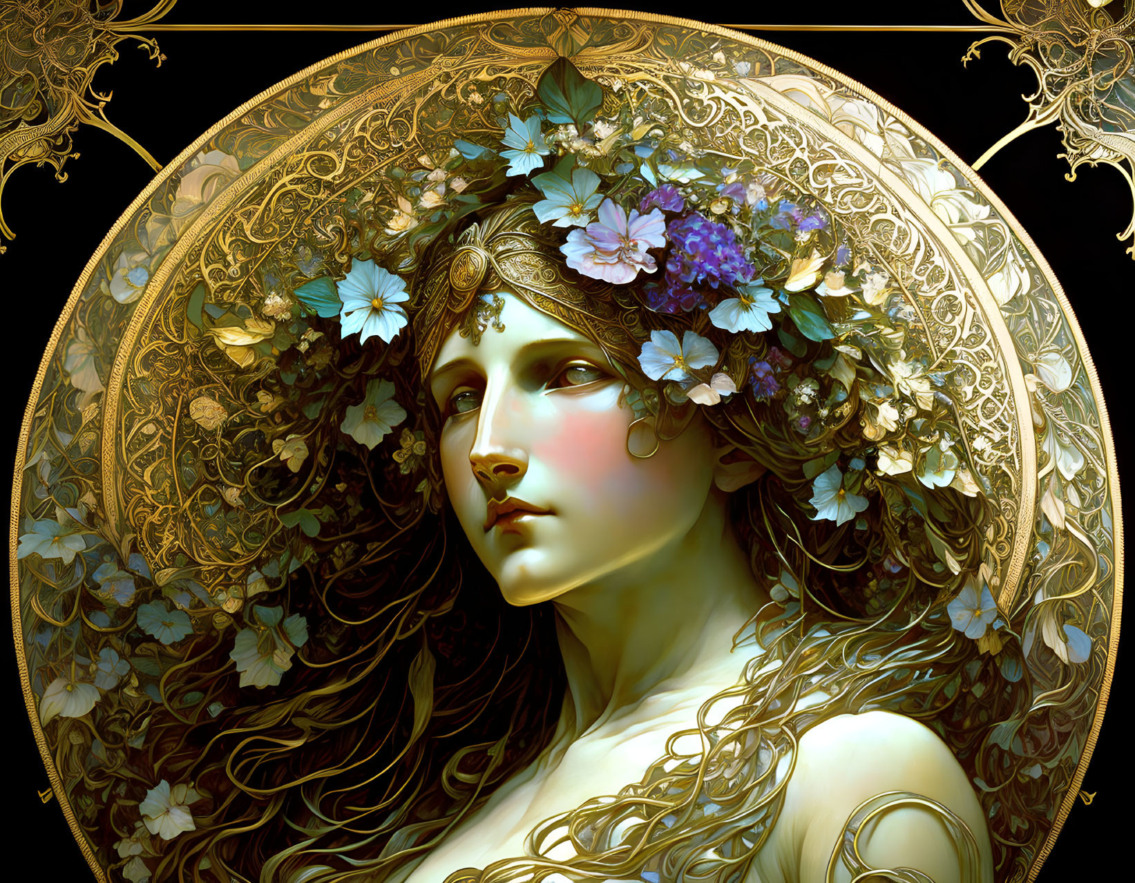 Detailed Woman Illustration with Golden Hair & Floral Wreath