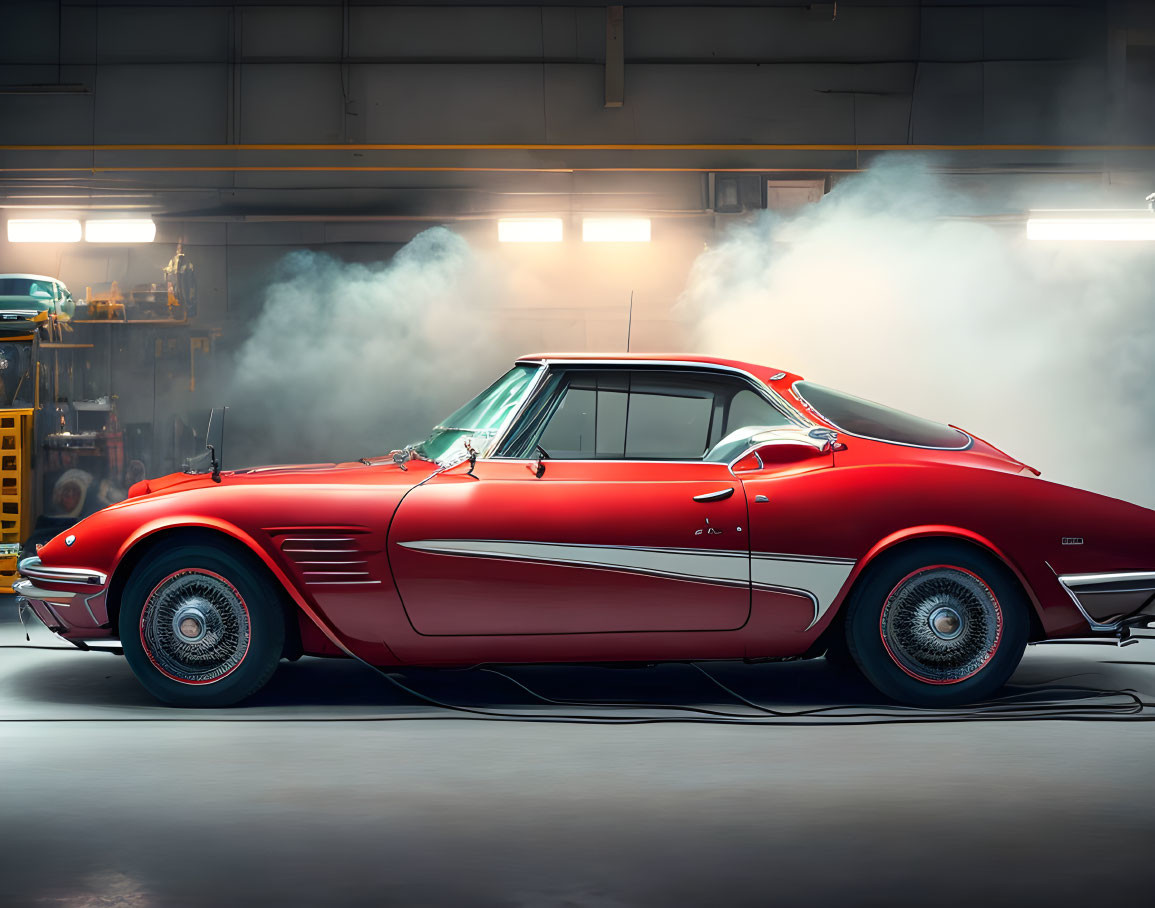 Vintage Red Corvette in Dimly Lit Garage with Smoke, Sleek Design & Classic Lines