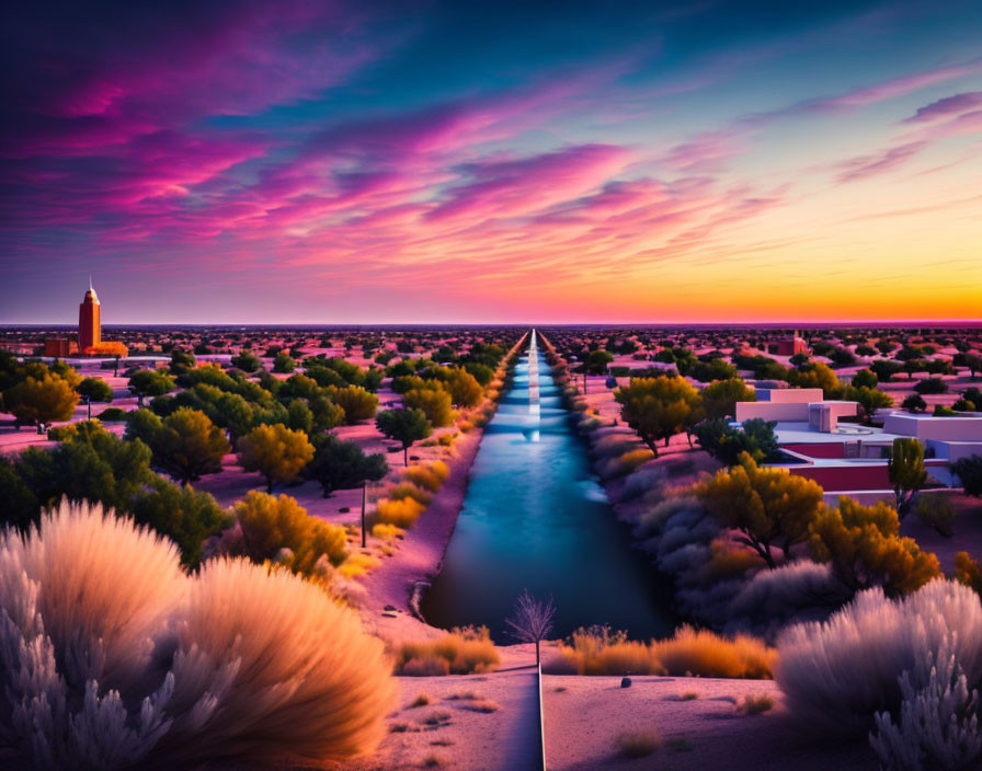 Scenic sunset over calm canal with greenery and architecture