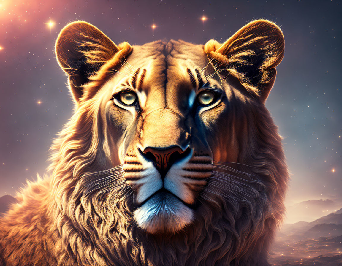 Digital Artwork: Lion with Intense Blue Eyes in Starry Sky & Mountains