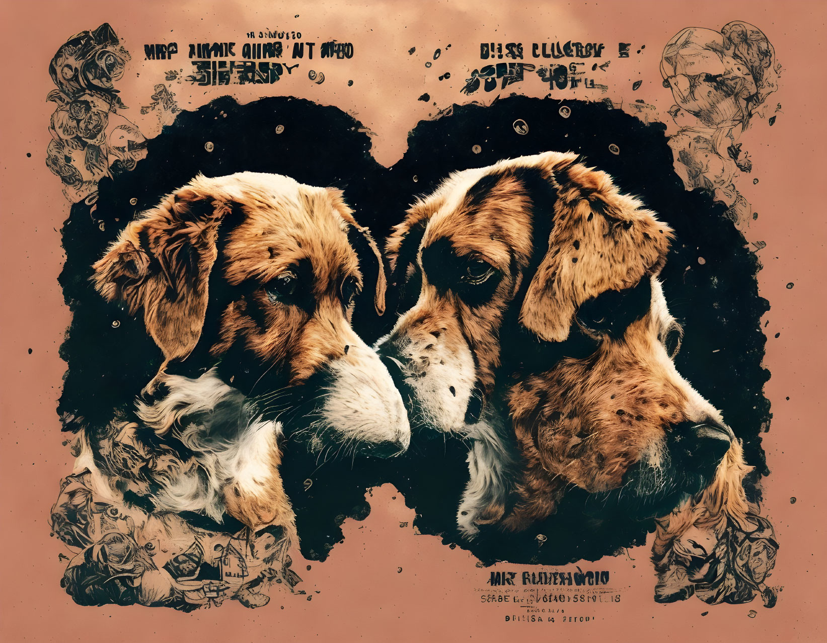 Mirrored effect: Two dogs in abstract floral setting