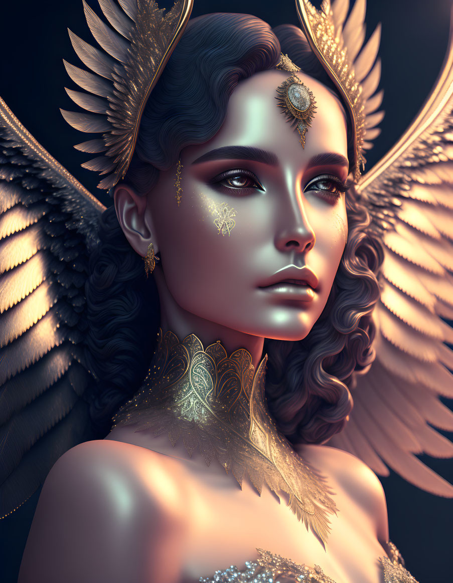 Ethereal woman with angelic wings, gold jewelry, and face markings