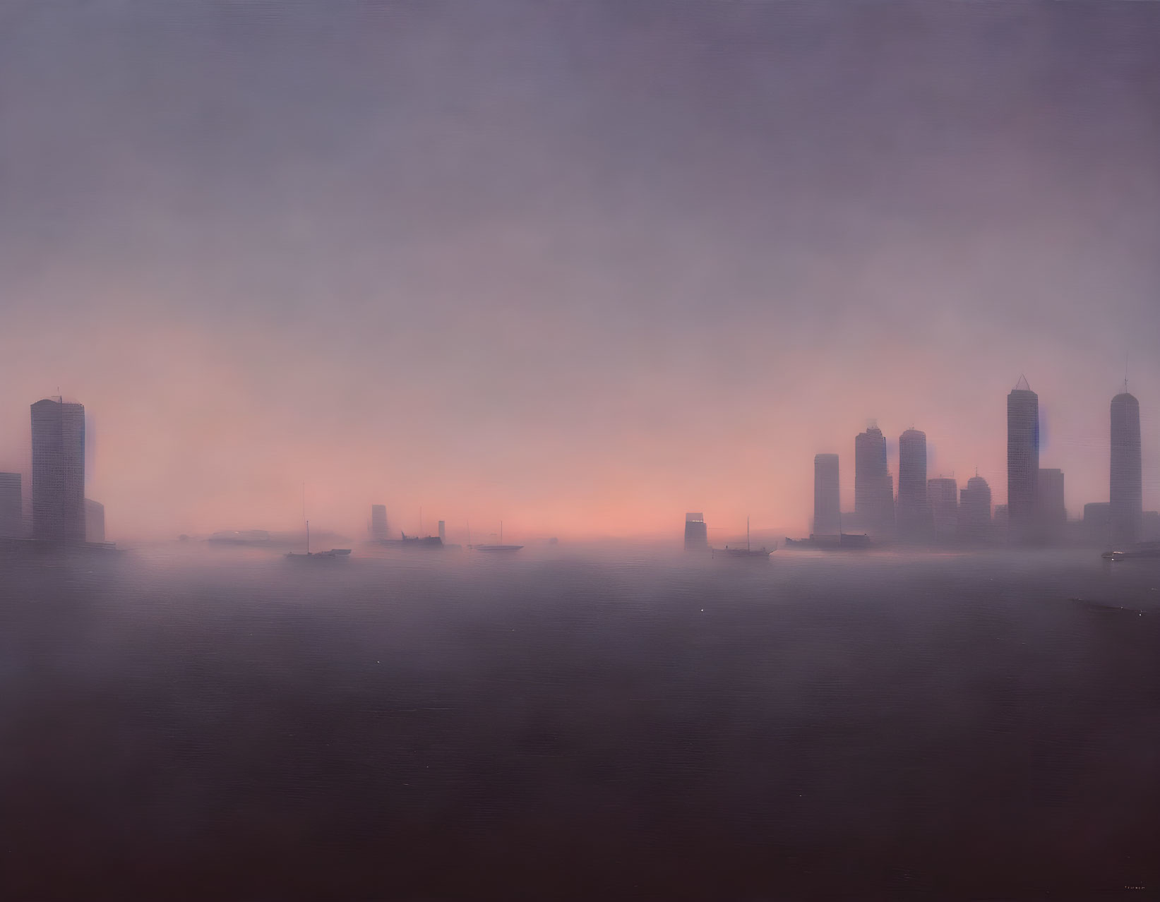 City skyline in mist with pastel sunrise or sunset hues