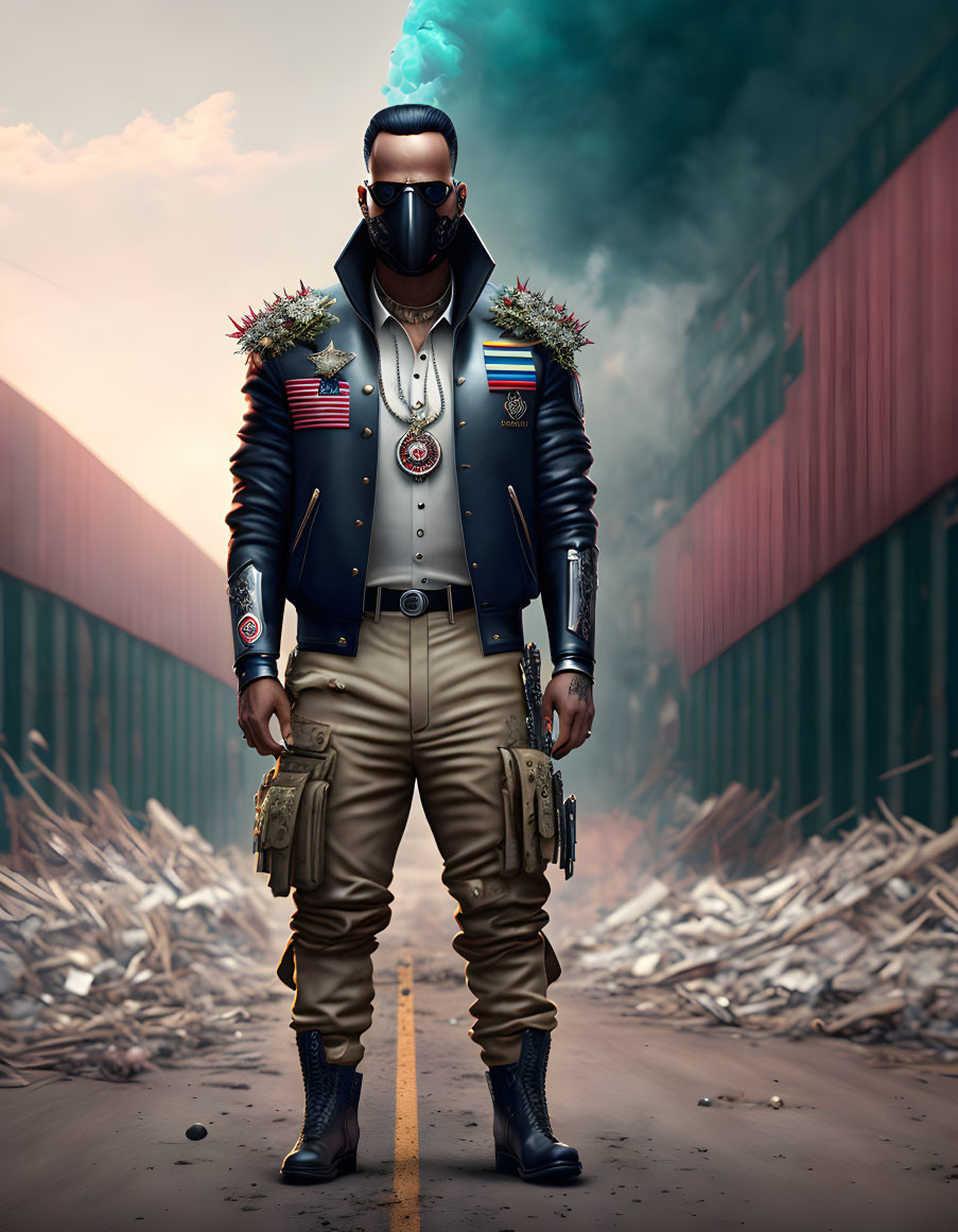 Stylized man with sunglasses, cigar, military jacket, and dual holsters in apocalyptic setting