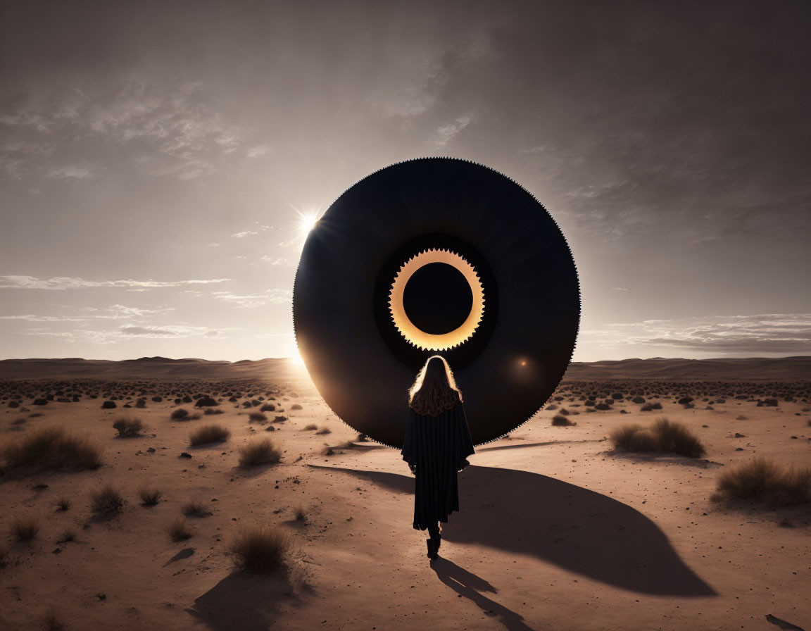 Mysterious figure in black cloak near circular desert structure