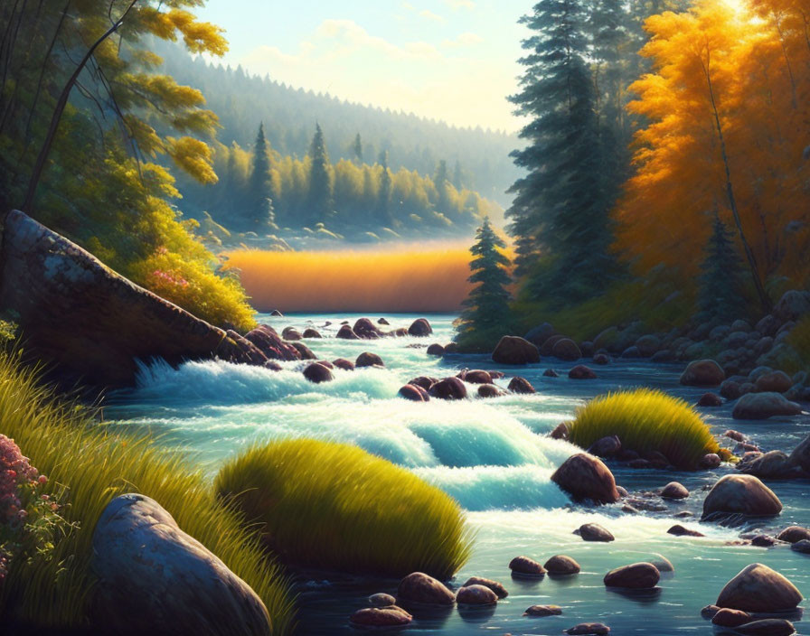 Tranquil river in autumn forest with vibrant foliage