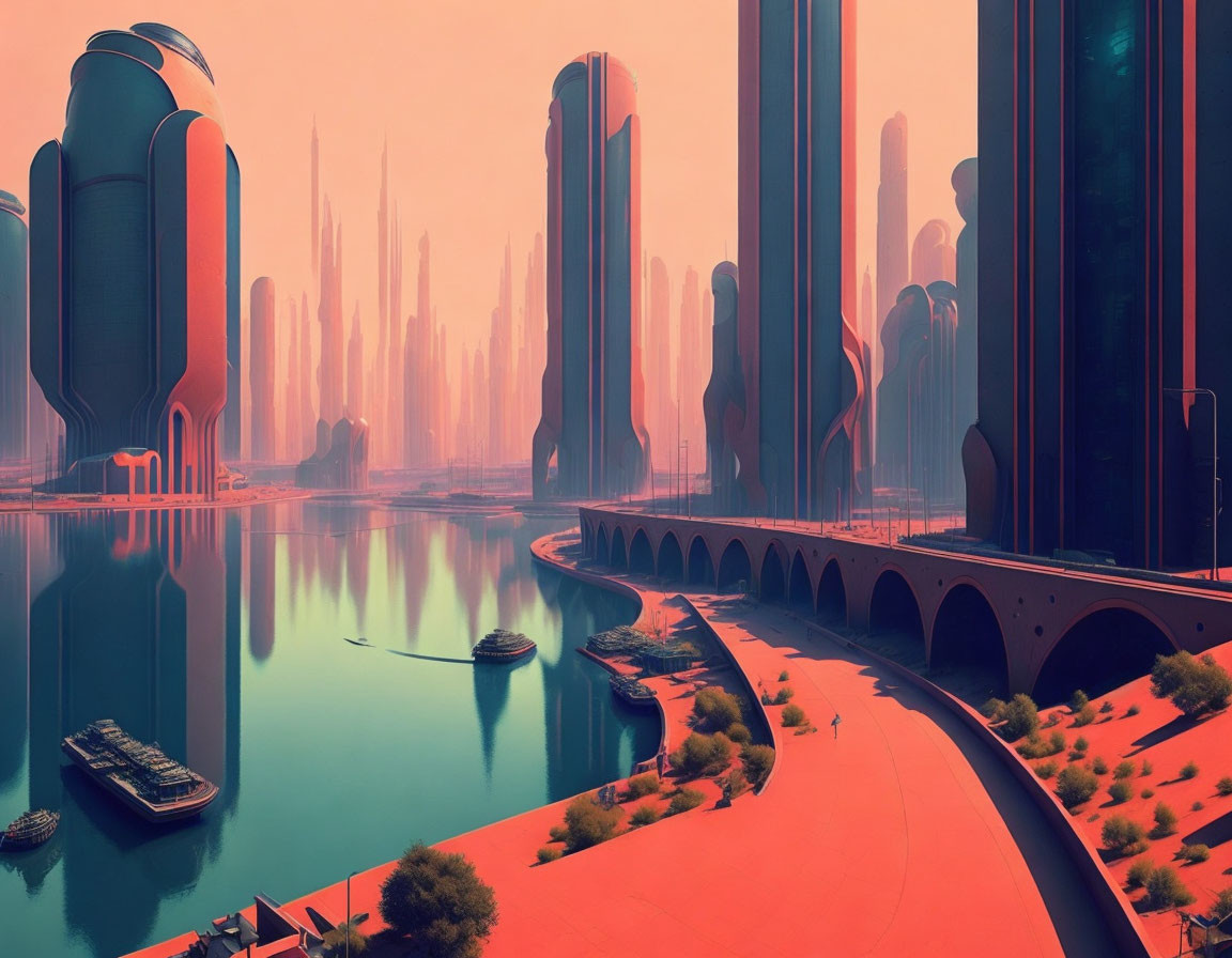 Futuristic cityscape with tall buildings, river, bridges, and warm sunset colors