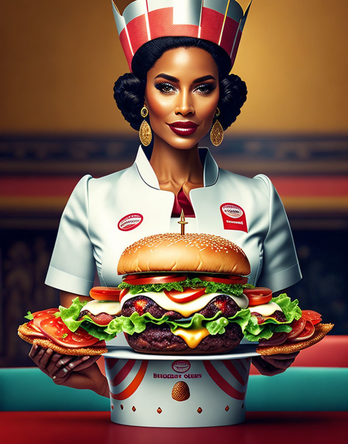 Stylized woman with hamburger crown and giant cheeseburger in retro diner uniform pose against colorful backdrop