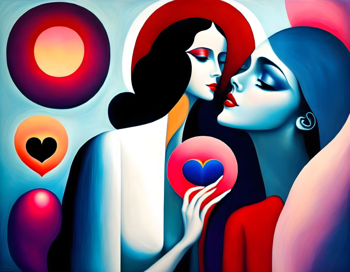 Surrealist portrait of two stylized women with bold colors and abstract shapes