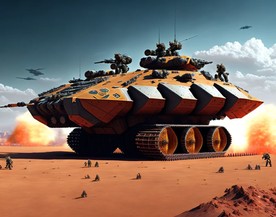 Futuristic tank with multiple cannons in desert battlefield