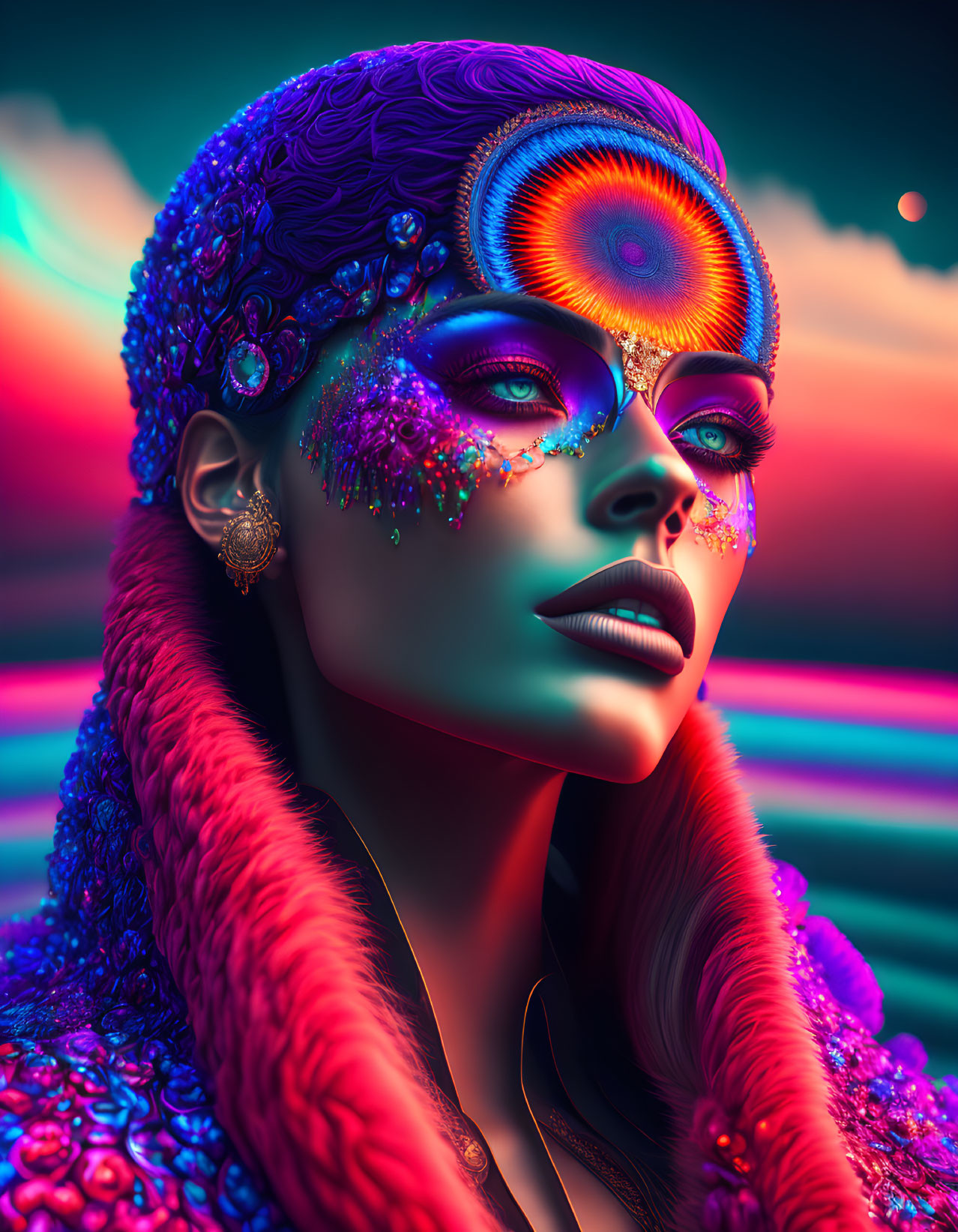 Vivid Digital Portrait of Woman with Face Paint and Neon Sunset Background