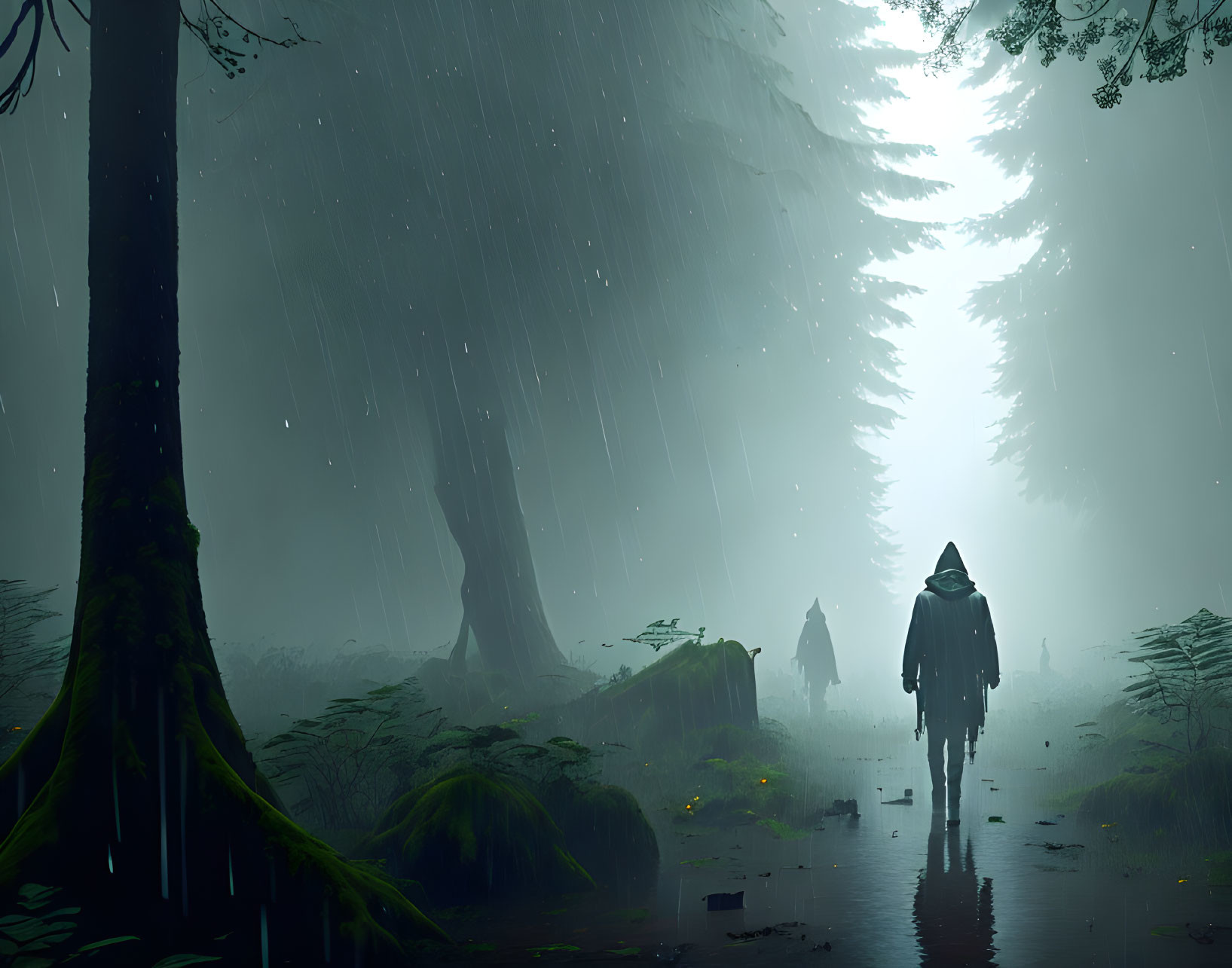 Misty forest with cloaked figures and towering trees