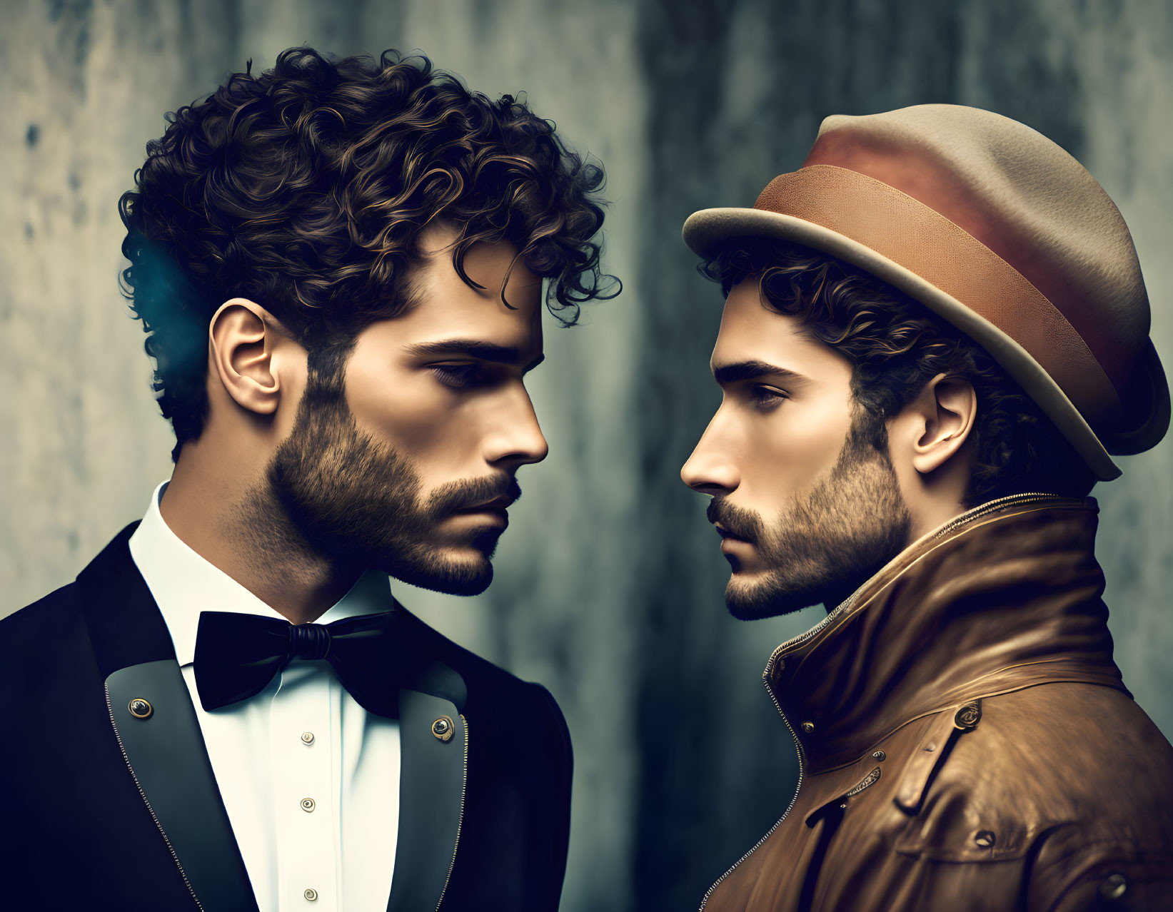 Stylized portrait of two men with curly hair in different outfits