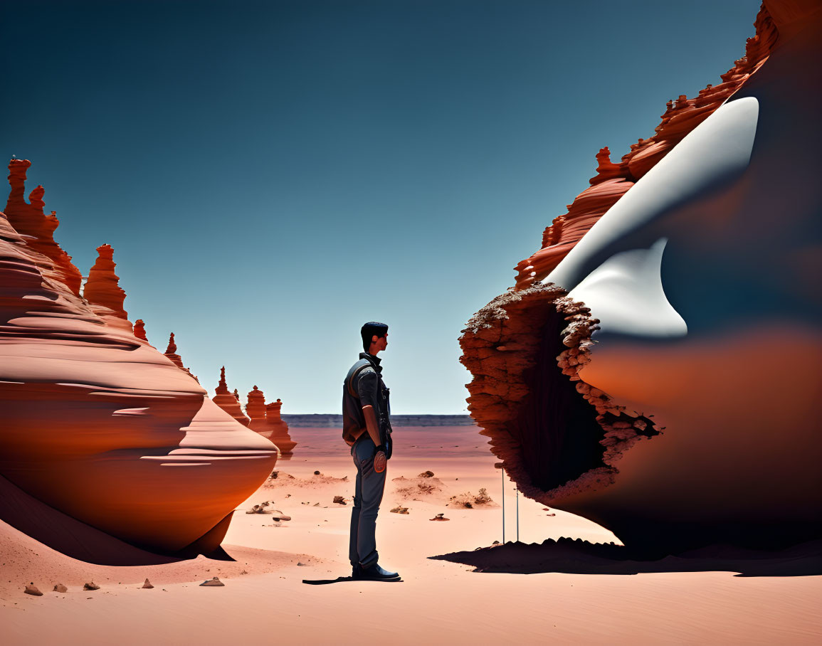 Person standing between unique sandstone formations in desert landscape