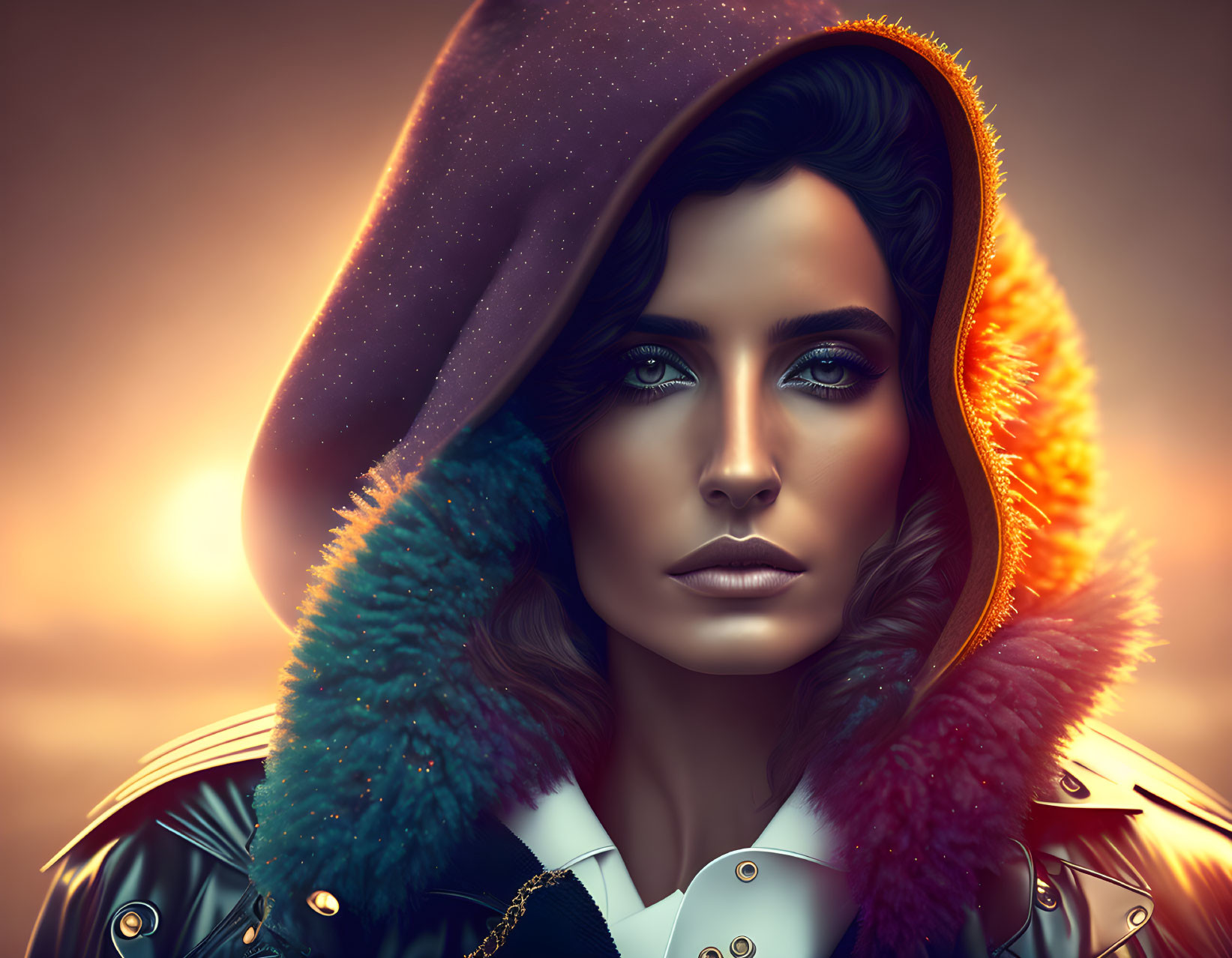 Digital artwork featuring a woman with striking blue eyes in a hood with starry interior and fur-trim