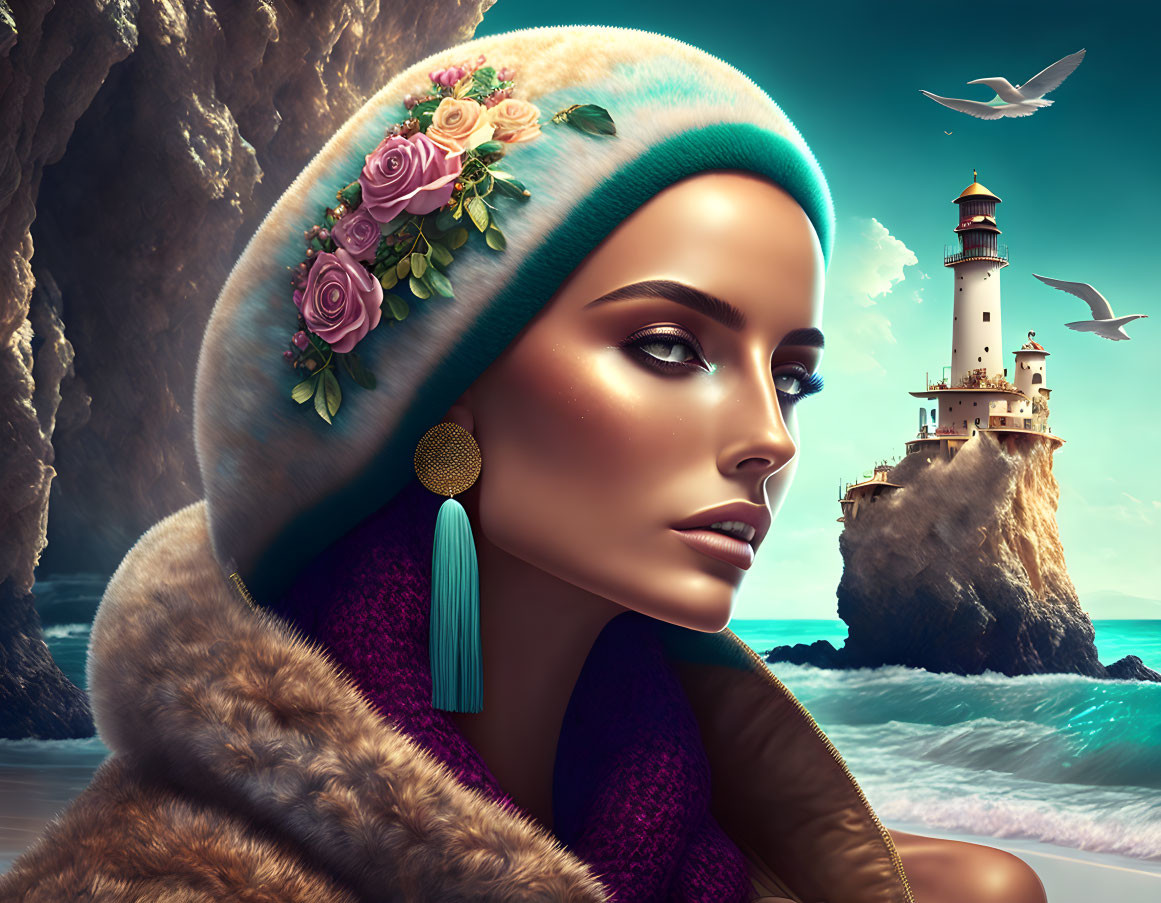 Digital artwork featuring woman with hat near coastal lighthouse & dramatic sky