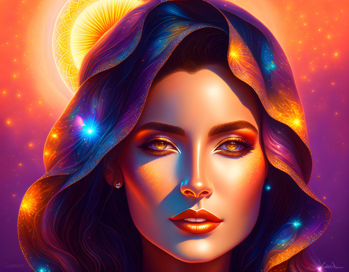 Cosmic-themed makeup digital portrait with starry background