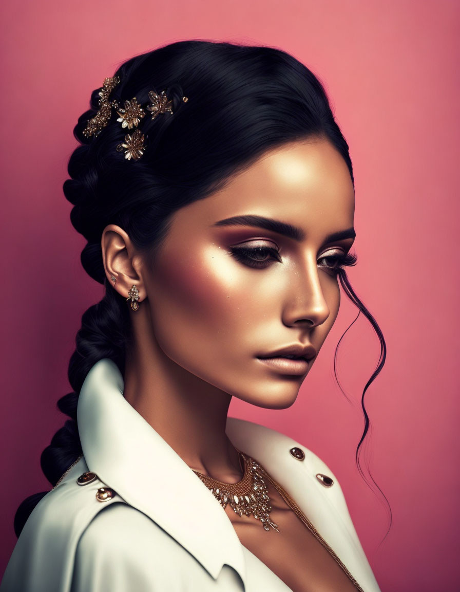 Woman with braided hairstyle and elegant makeup in white outfit and gold jewelry on pink background