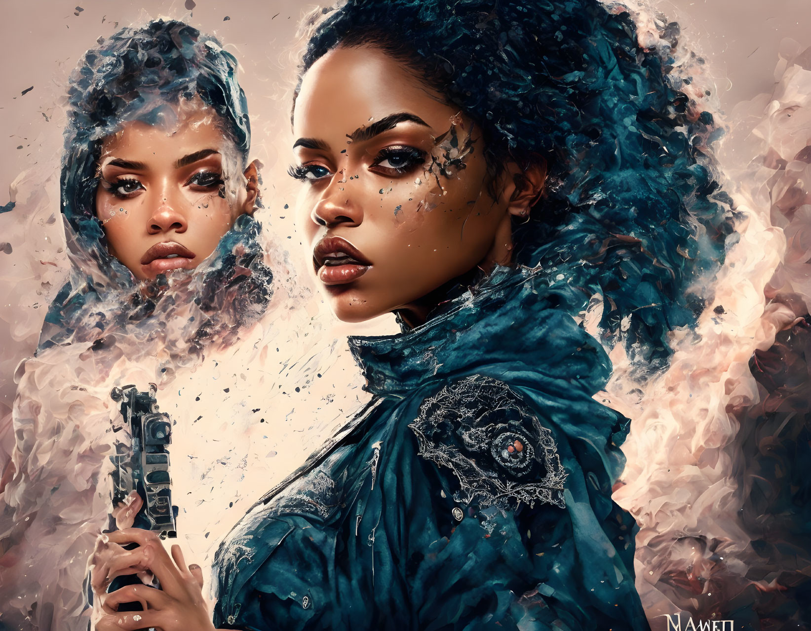 Stylized female figures with intense gazes and futuristic weapon in dynamic, abstract setting