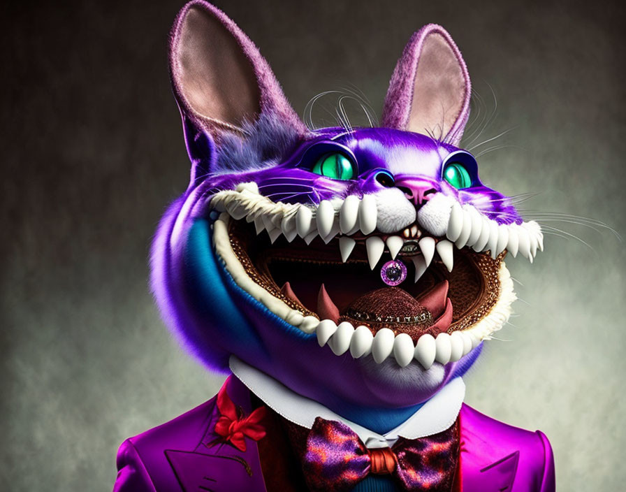 Surreal anthropomorphic cat in purple suit with sharp teeth