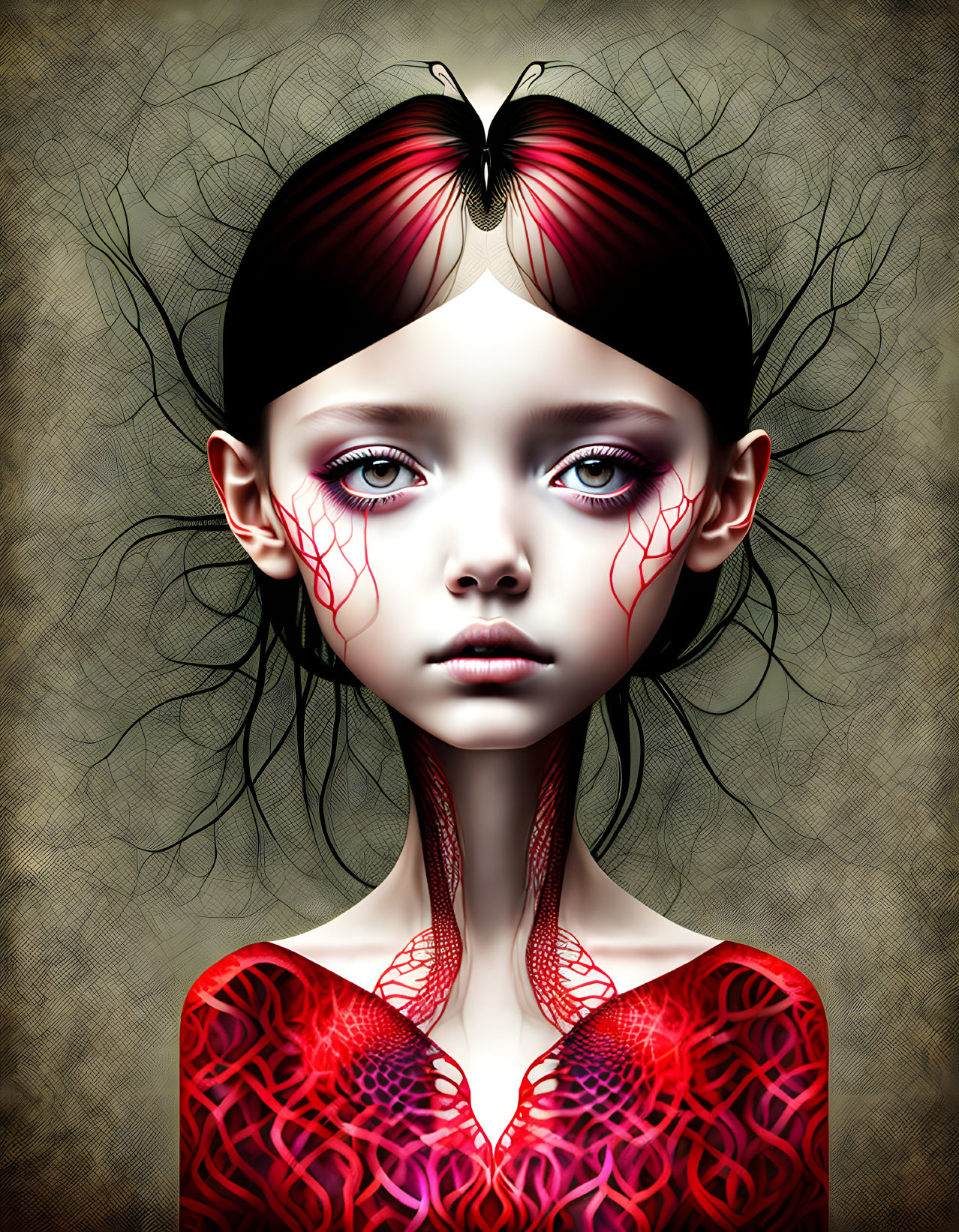 Detailed illustration of girl with red and black hair and intricate red patterns