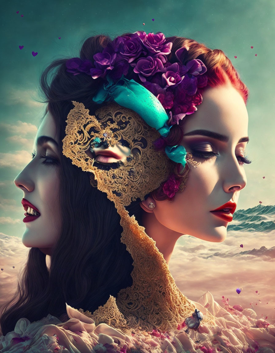 Surreal image: Women's faces merge with masks and flowers in dreamy sky