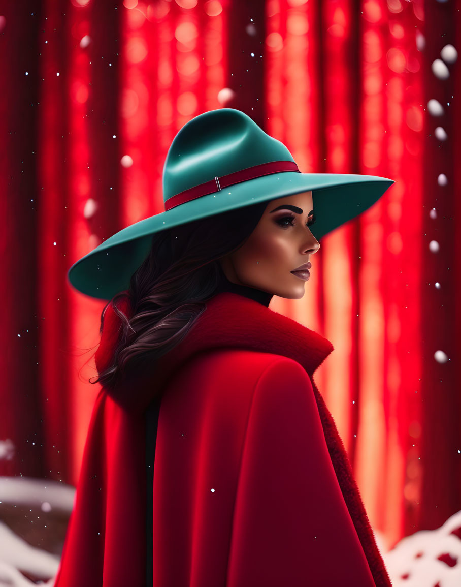 Woman in Red Coat and Green Hat on Red Curtain Background with Snowflakes