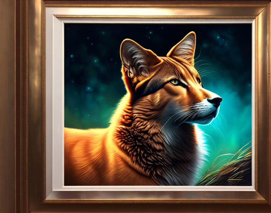 Orange Cat Digital Painting in Classic Frame on Starry Night Sky