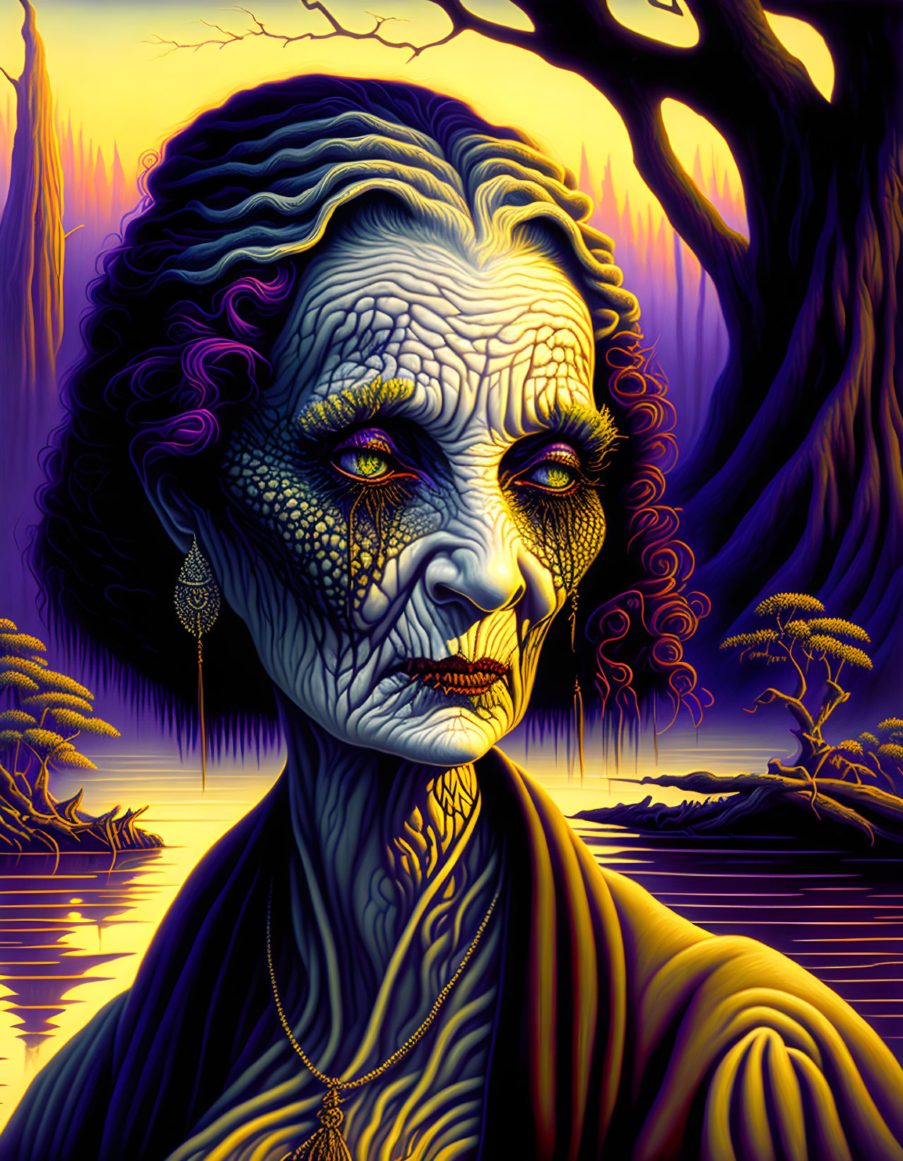 Aged woman with blue skin and golden eyes in surreal landscape