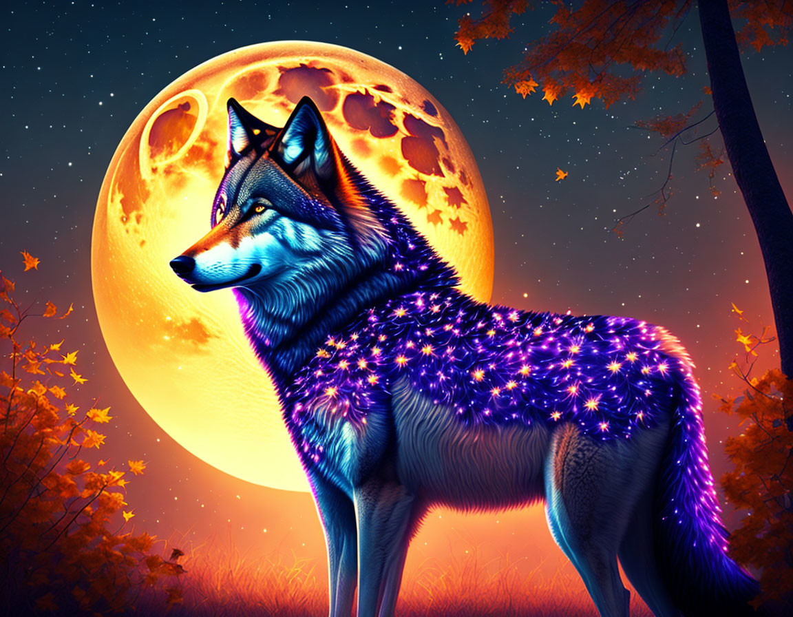 Luminous Wolf with Starry Coat in Twilight Setting