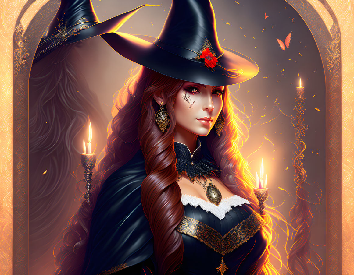 Detailed illustration of woman with long wavy hair in witch's hat, surrounded by candles & ornate