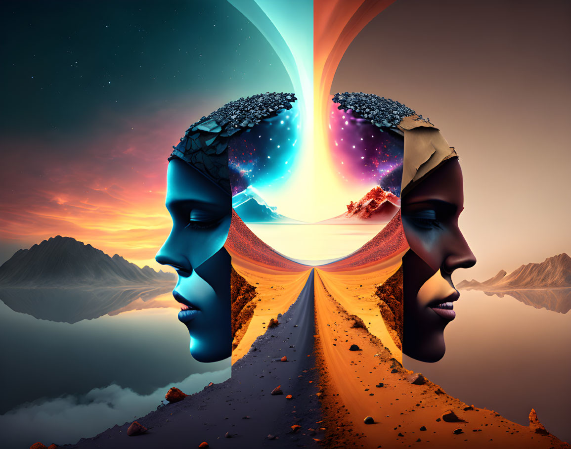 Surreal image of mirrored faces with cosmic and nature elements above scenic road