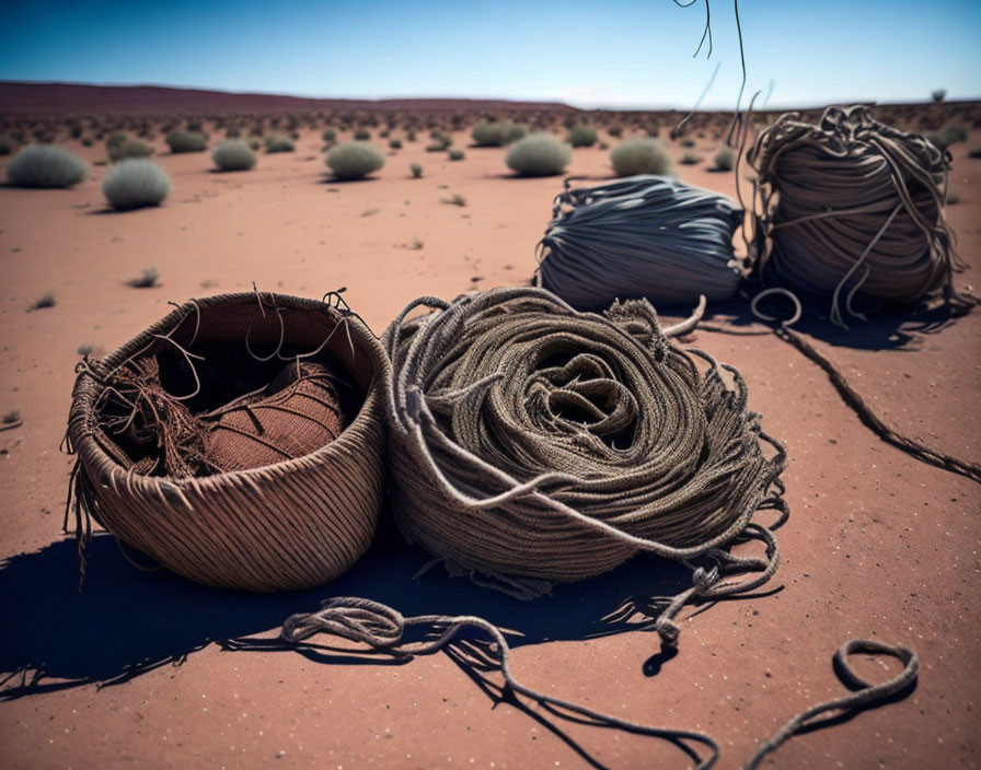 Desert Scene: Coiled Ropes and Woven Baskets on Sandy Ground