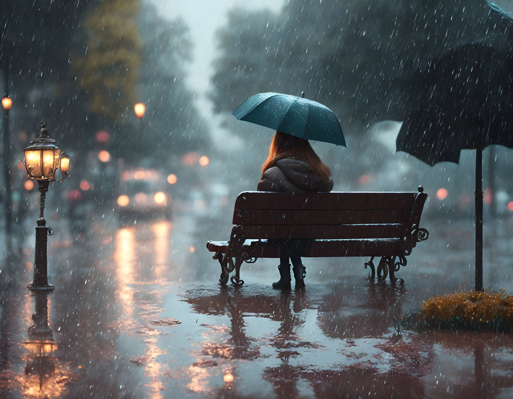 Person with Blue Umbrella by Bench on Rainy Evening with Streetlights