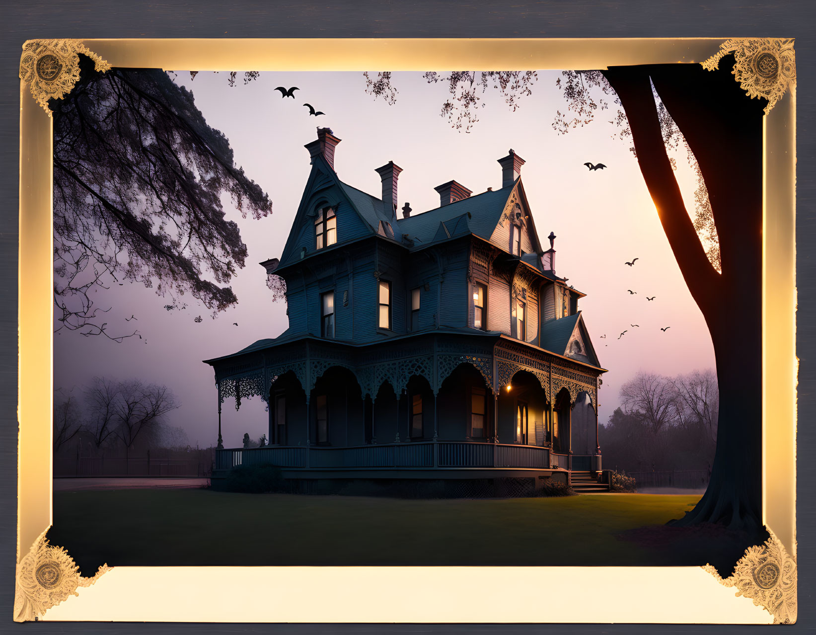 Victorian-style house at dusk with spooky ambiance, silhouetted trees, flying bats, and