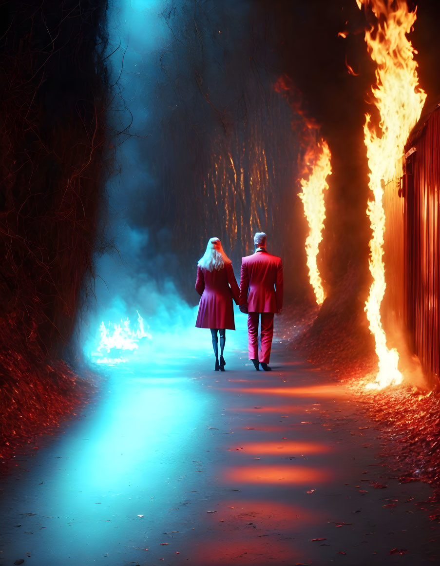 Couple walking on surreal path with blue and red lighting, fiery blaze, and tranquil trees