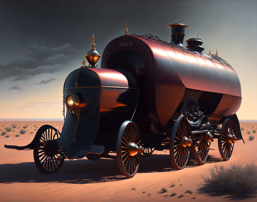 Steampunk-style vintage vehicle with large wheels in desert dusk