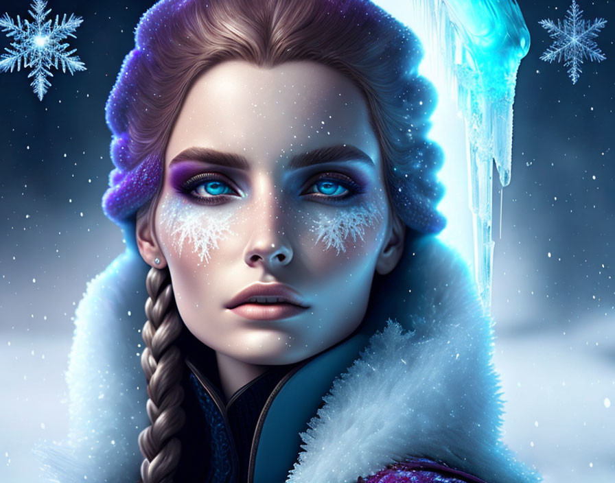 Digital Artwork: Woman with Icy Blue Eyes and Frosted Hair